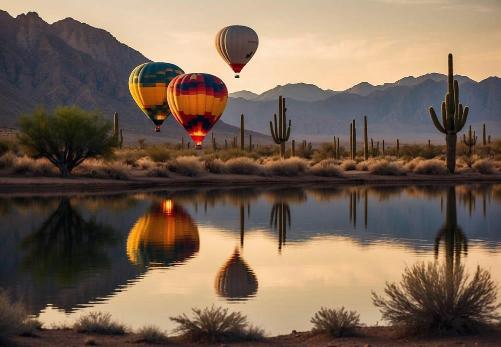 Vibrant hot air balloons float over the desert landscape, casting colorful reflections on the tranquil waters of a serene lake. A majestic saguaro cactus stands tall against the backdrop of a stunning sunset over the rugged mountains