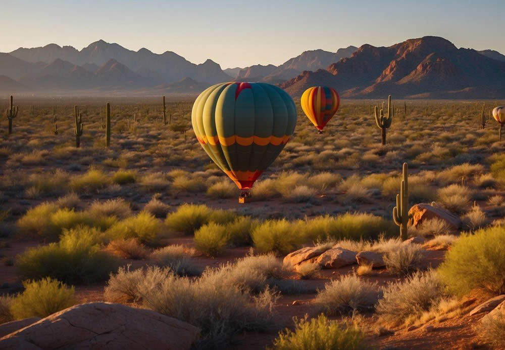 A hot air balloon floats above the picturesque desert landscape of Scottsdale, Arizona. Cacti and red rock formations dot the horizon as the sun sets in the distance