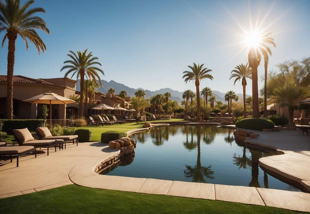 Palm trees sway in the gentle breeze as a sparkling pool reflects the warm Arizona sun. Golfers tee off on lush green fairways, while upscale shops and restaurants bustle with activity. A desert landscape provides a stunning backdrop to luxurious resorts and spas