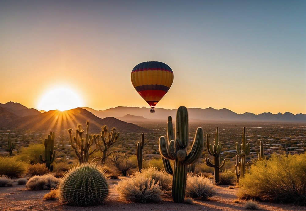A hot air balloon floats above the Sonoran Desert at sunrise, casting a golden glow on the rugged landscape. Cacti stand tall as the city of Scottsdale awakens in the distance, surrounded by mountains and vibrant hues of the desert
