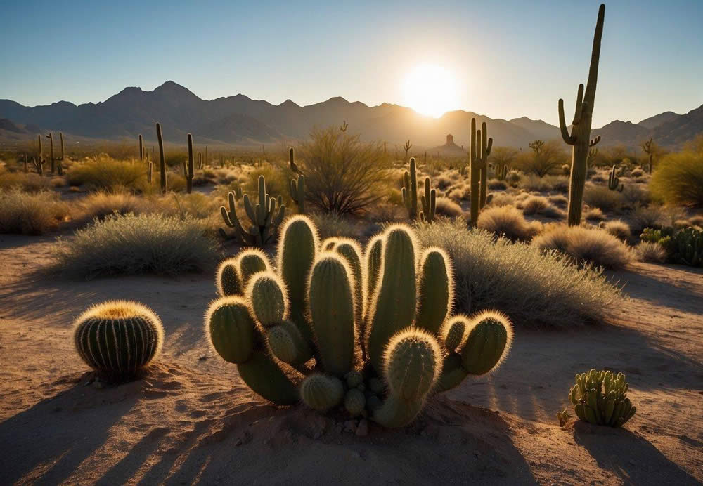 The sun shines over the rugged desert landscape of Scottsdale, Arizona. Cacti and other desert flora dot the sandy terrain, while in the distance, the majestic peaks of the McDowell Mountains rise against the clear blue sky