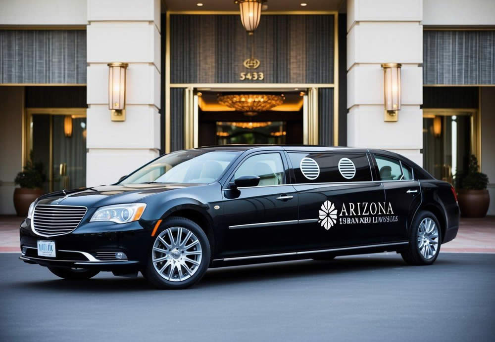 A sleek black limousine parked in front of a luxurious hotel entrance, with the Arizona Sedan and Limousine logo displayed prominently on the vehicle