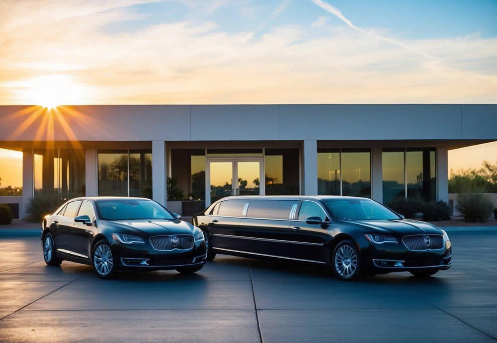 A sleek sedan and limousine parked outside a luxurious building with a shining Arizona sunset in the background