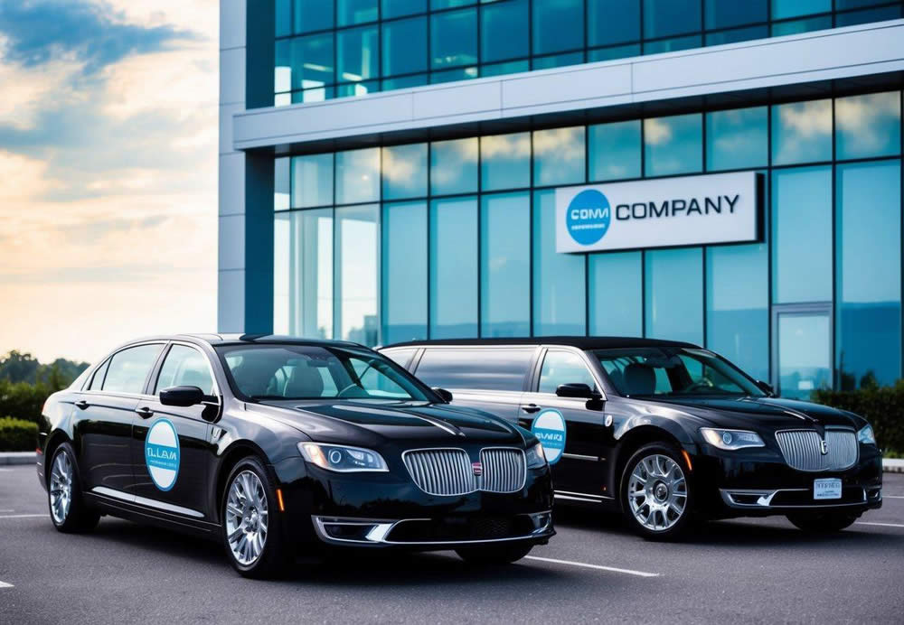 A sleek sedan and a luxurious limousine parked in front of a modern building with the company logo displayed prominently on the vehicles