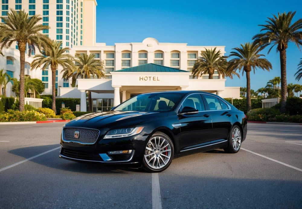 A sleek black sedan parked in front of a luxury hotel entrance, surrounded by palm trees and a clear blue sky