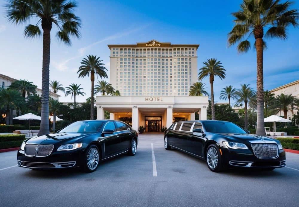 A sleek, black sedan and a luxurious limousine parked outside a grand hotel entrance, surrounded by palm trees and a clear blue sky