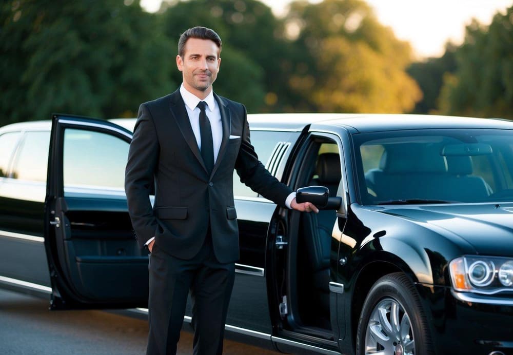 A limo driver in a black suit and tie, standing next to an open door of a sleek black limousine, ready to assist passengers