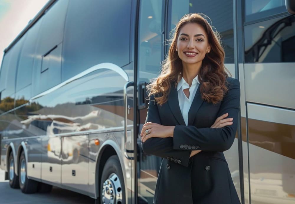 A chauffeur is waiting for guests. His black limousine has opened doors.