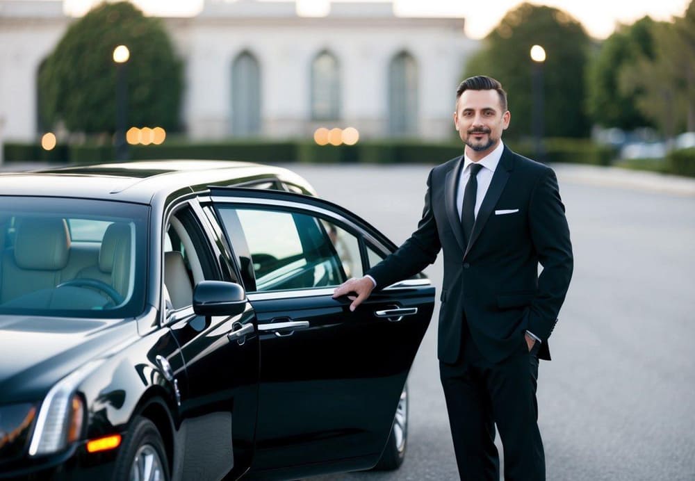 A limo driver in a black suit and tie, standing next to a sleek luxury vehicle with open doors