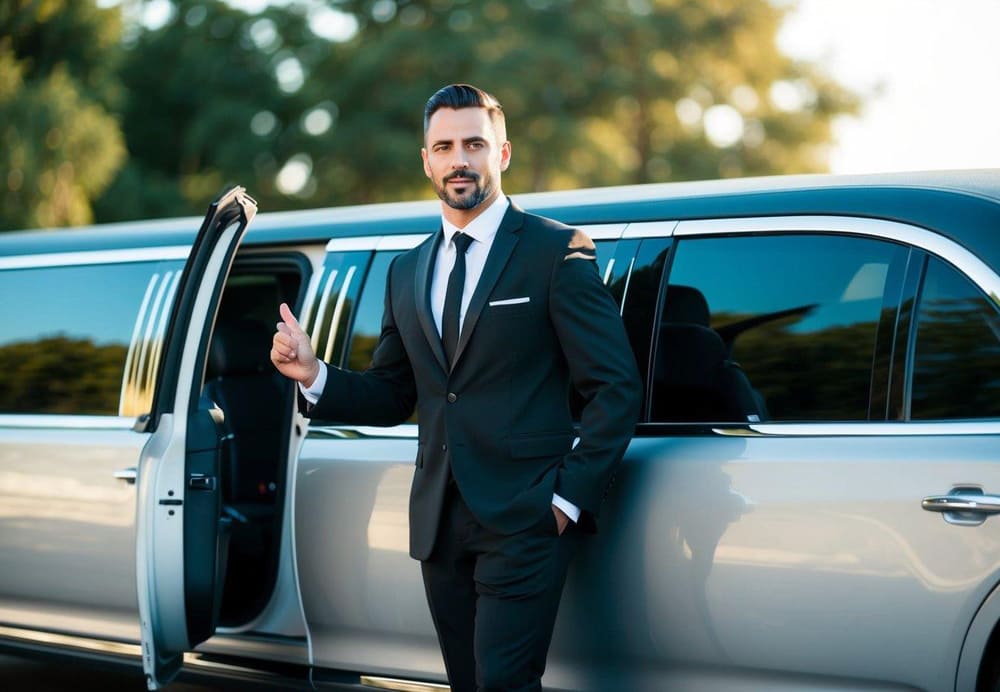 A limo driver in a sharp black suit and tie, standing next to an open door of a sleek, luxurious limousine