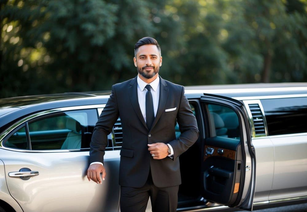 A limo driver in a crisp black suit and tie, standing next to a sleek, polished limousine with an open door