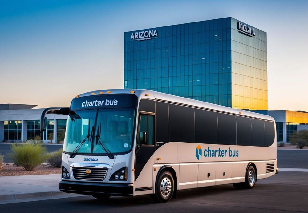 A sleek charter bus parked in front of a modern office building in Arizona, with the company logo displayed prominently on the side