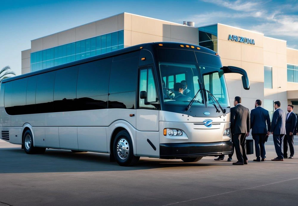 A sleek charter bus parked in front of a modern office building in Arizona, with a group of professionals boarding the bus for corporate transportation