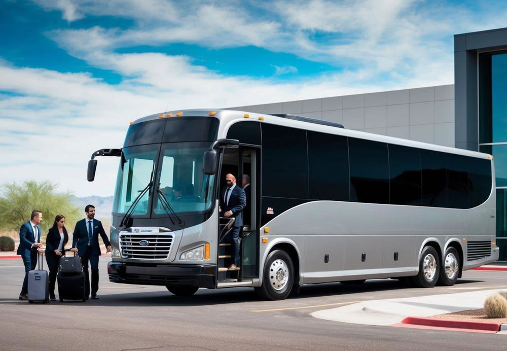 A sleek charter bus parked outside a modern office building in Arizona, with a group of professionals boarding and unloading luggage