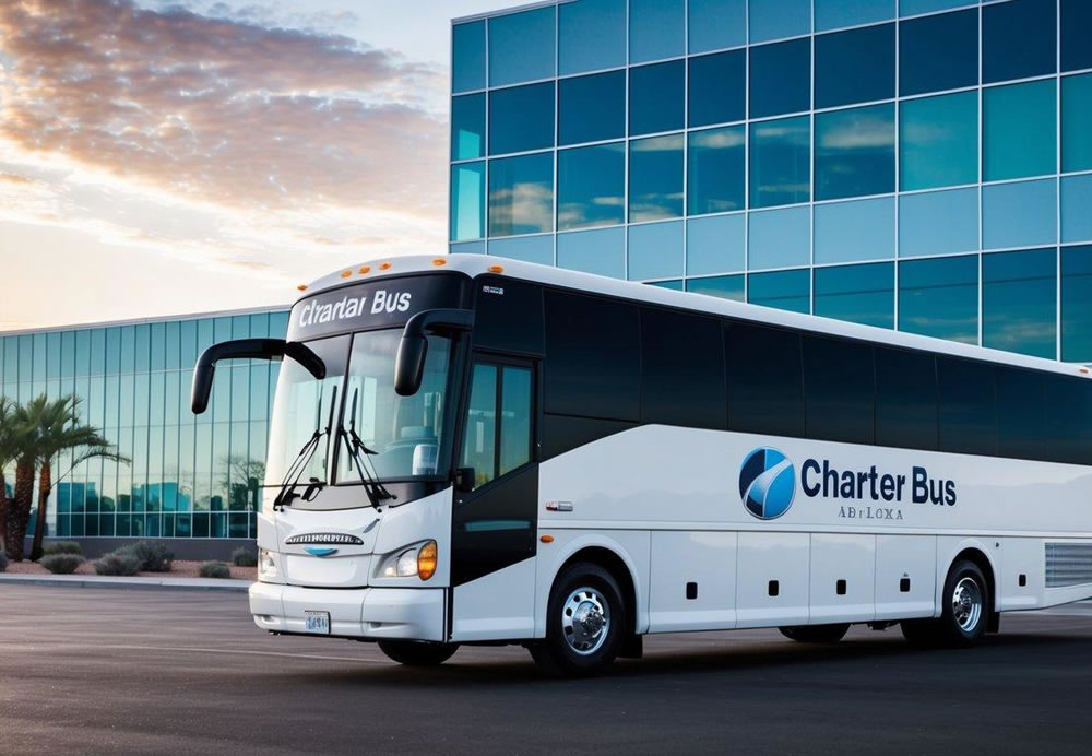 A sleek charter bus parked outside a modern office building in Arizona, with the company logo prominently displayed on the side