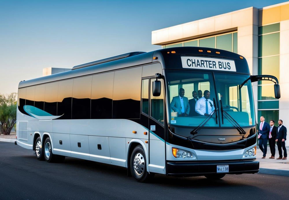 A sleek charter bus parked in front of a modern office building in Arizona, with a group of professionals boarding and a contact information sign displayed prominently