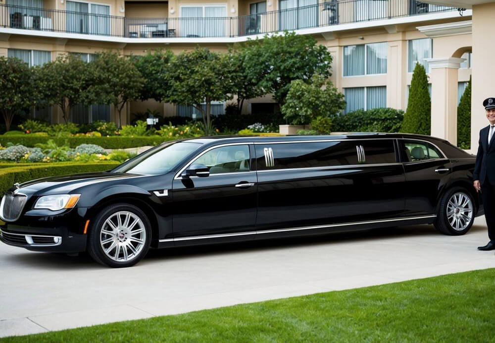 A sleek black limo parked outside a luxury hotel, surrounded by a well-manicured landscape and a professional chauffeur standing by the open door