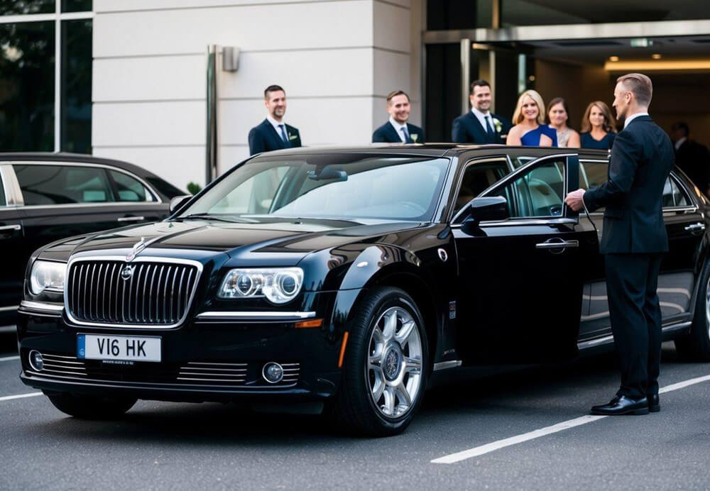 A sleek black limousine parked outside a luxury hotel, with a chauffeur holding open the door for a group of well-dressed passengers