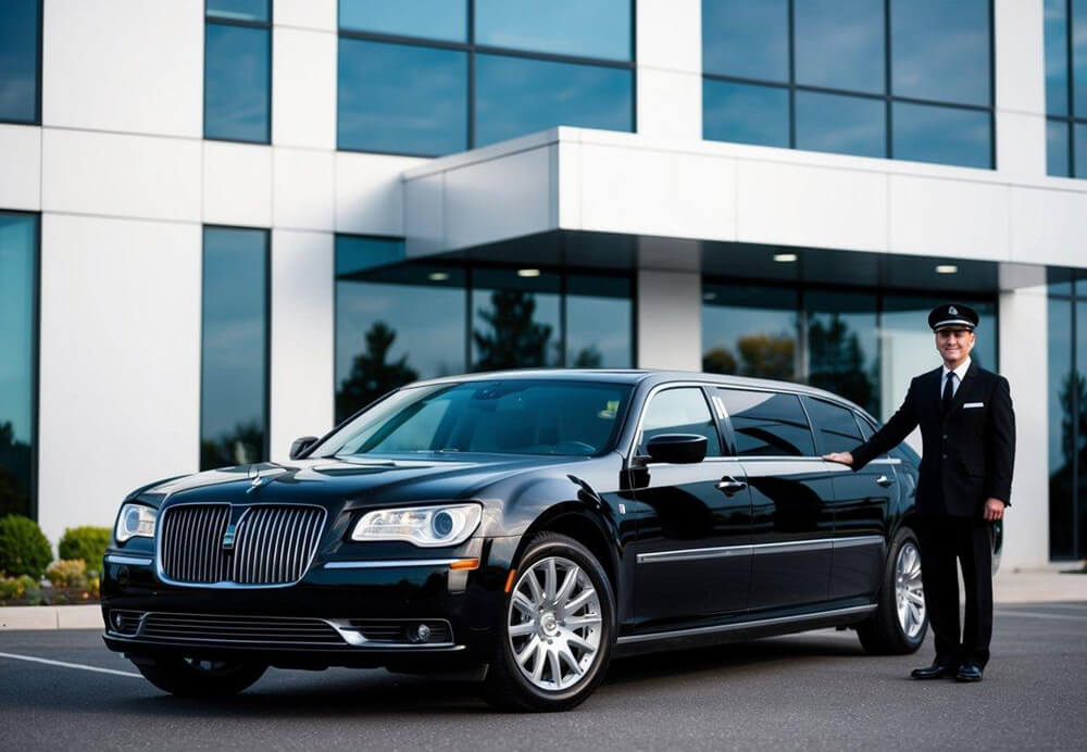 A sleek, black executive limo parked in front of a modern office building, with a uniformed chauffeur standing by the open door