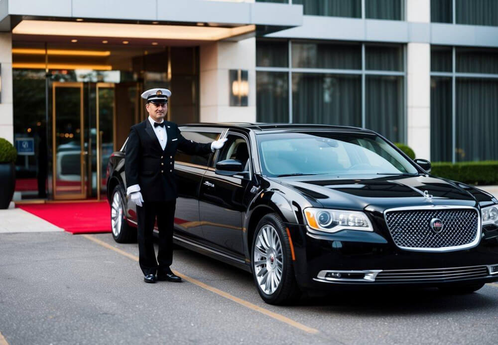 A sleek black limousine parked outside a luxury hotel with a uniformed chauffeur holding open the door. A red carpet leads to the entrance