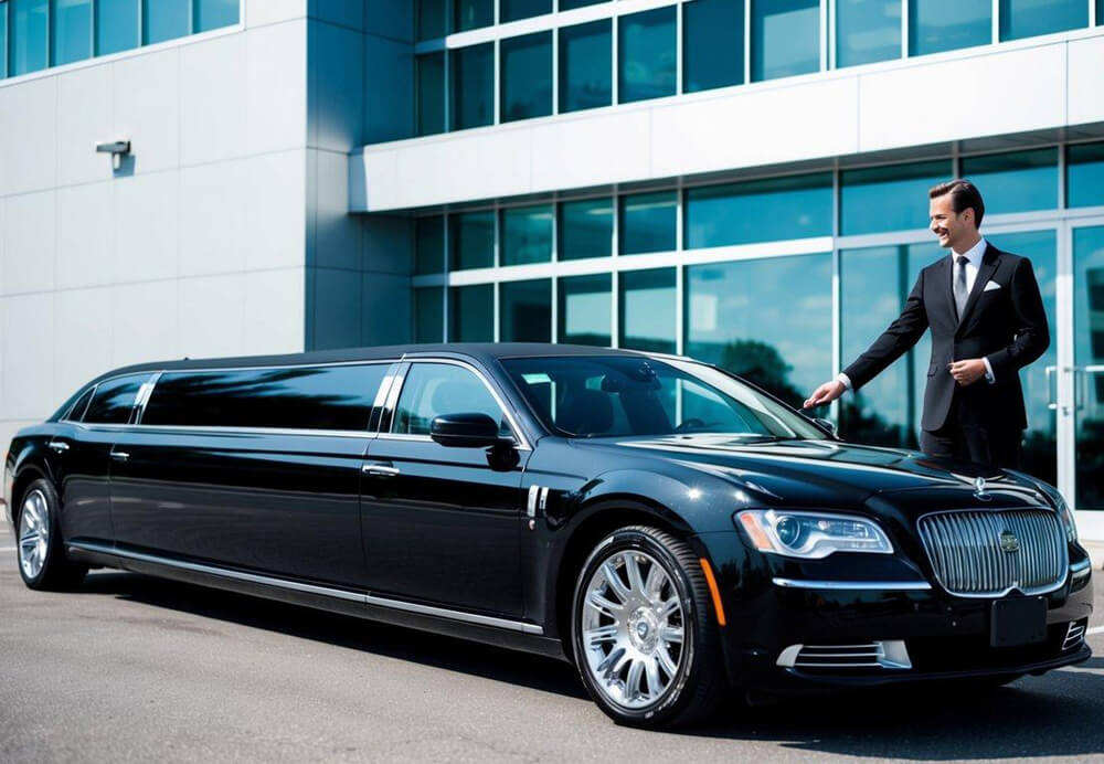 A sleek, black limousine parked outside a modern office building, with a well-dressed chauffeur holding open the door for a potential client