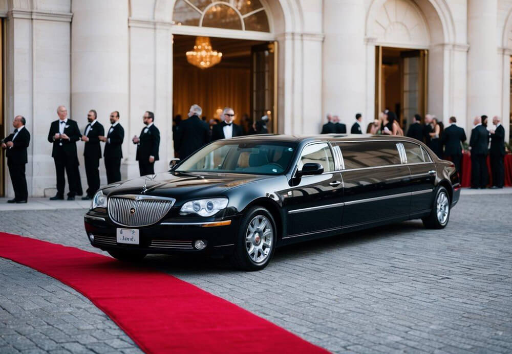 A sleek executive limousine parked in front of a grand event venue, with a red carpet leading up to the entrance