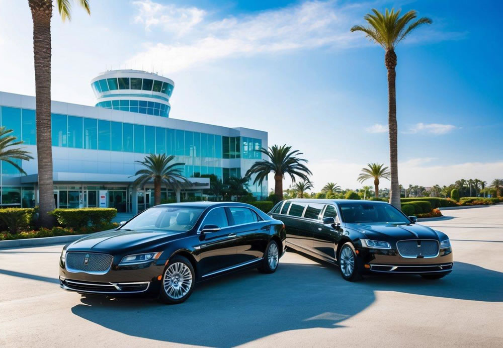 A luxurious sedan and limousine parked outside a tranquil airport terminal, surrounded by palm trees and clear blue skies