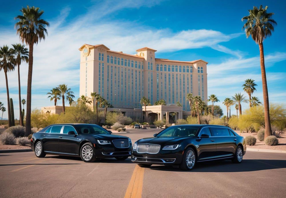 A sleek sedan and luxurious limousine parked in front of a grand hotel, surrounded by palm trees and a sunny Arizona desert landscape