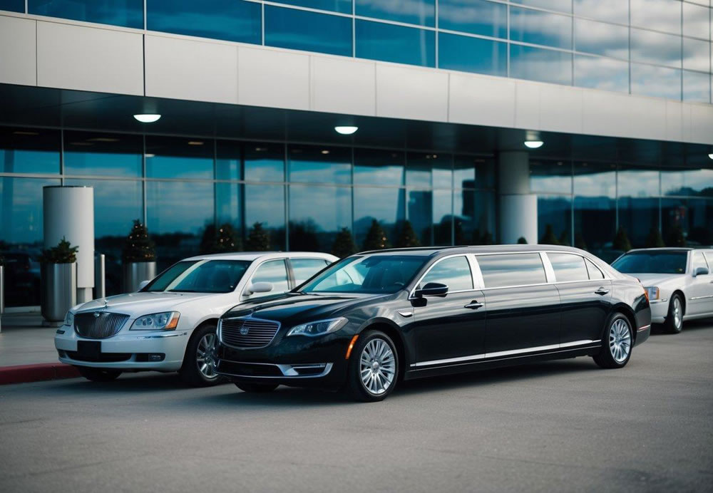 A sleek sedan and luxurious limousine wait at the airport curb, ready to whisk travelers away for a stress-free holiday journey