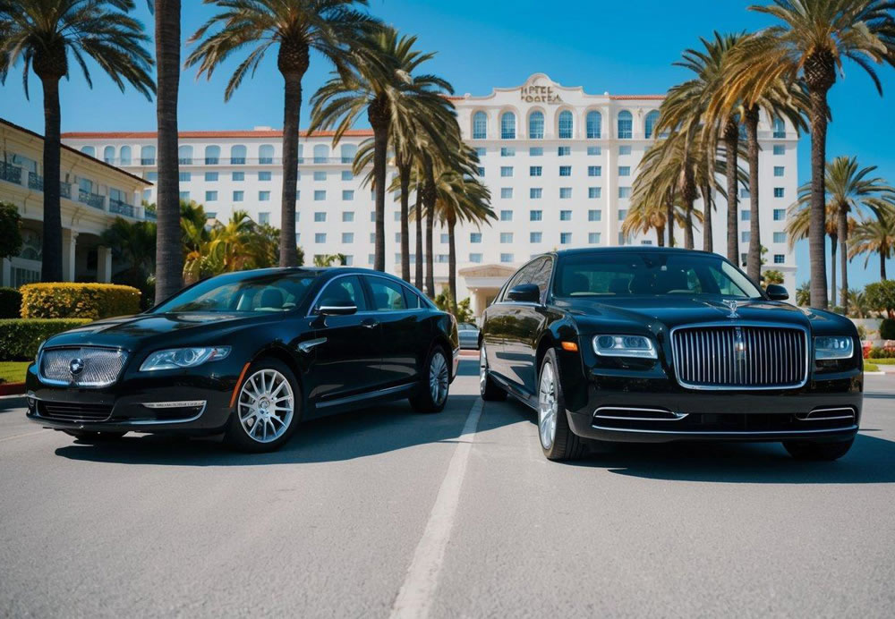 A sleek black sedan and a luxurious limousine parked outside a grand hotel, surrounded by palm trees and a clear blue sky