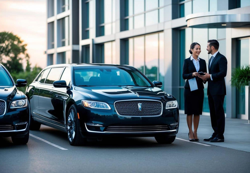 A luxurious sedan and limousine parked outside a modern hotel, with a customer service representative assisting a satisfied customer