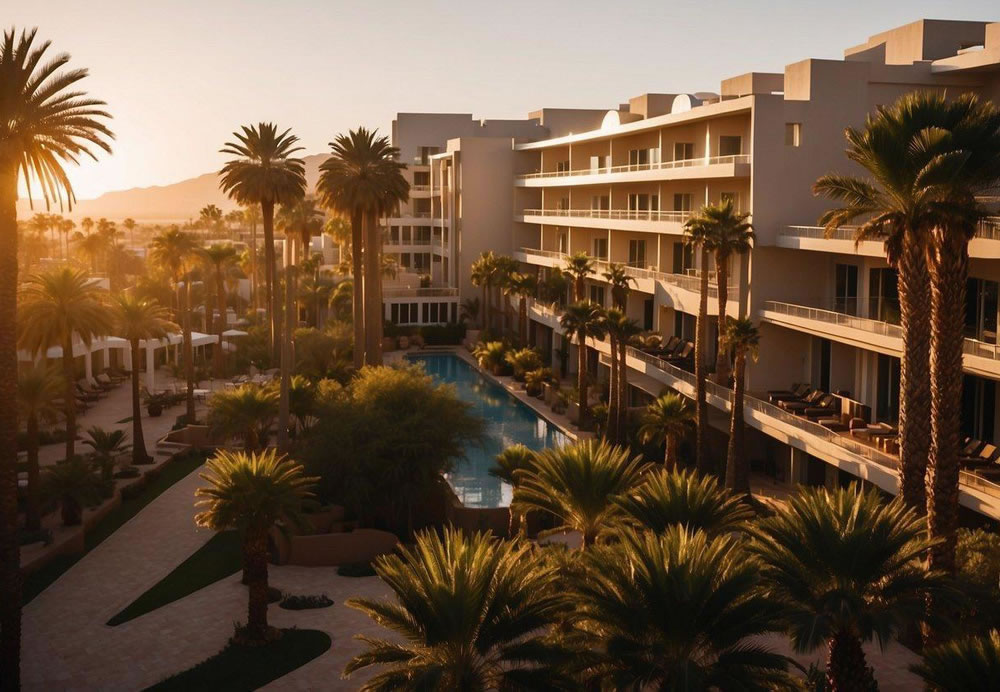 The sun sets behind a row of opulent resort hotels, their sleek modern architecture glowing in the warm desert light. Palm trees sway in the gentle breeze, framing the luxurious accommodations