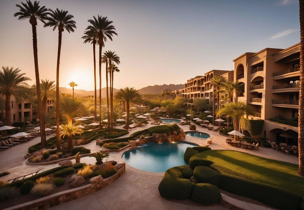 The sun sets over the sprawling grounds of Fairmont Scottsdale Princess, with palm trees swaying in the gentle breeze and the resort's luxurious buildings glowing in the warm light