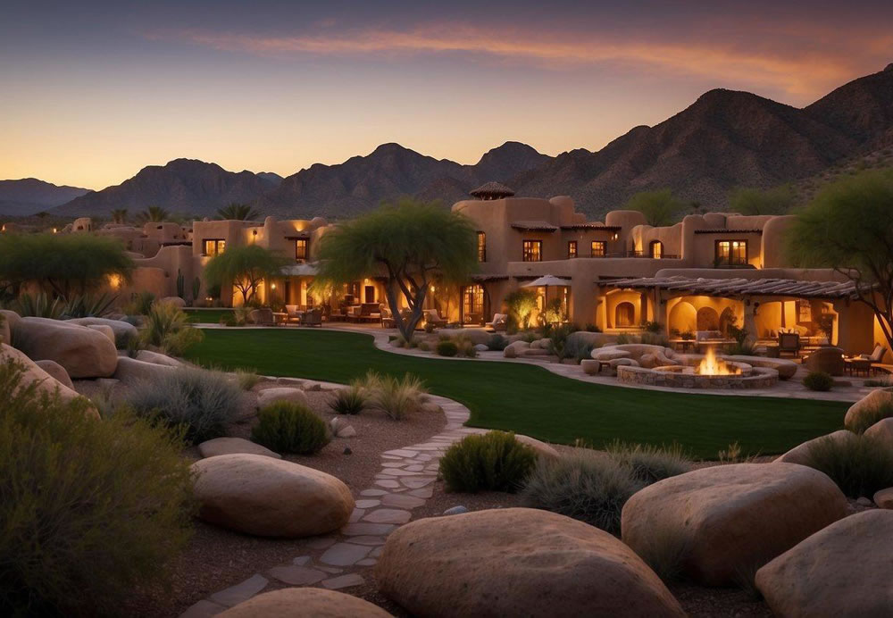 The sun sets behind the sprawling Boulders Resort & Spa, casting a warm glow over the luxurious desert oasis. The rugged landscape is dotted with elegant adobe casitas and lush greenery, creating a serene and picturesque scene