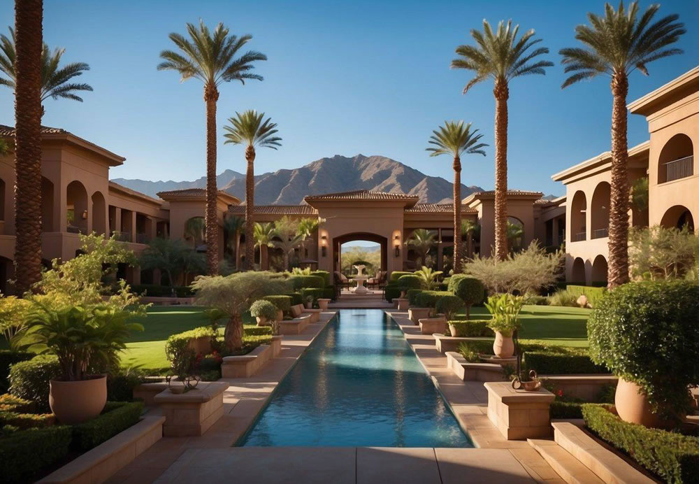 The grand entrance of The Westin Kierland Resort & Spa, surrounded by lush greenery and a stunning mountain backdrop, with a luxurious pool area and elegant architecture