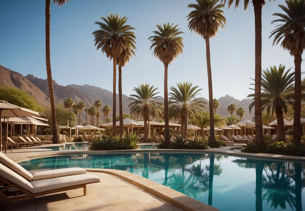 Palm trees sway by a crystal-clear pool, surrounded by cabanas and lush greenery. A spa offers outdoor massages, while guests enjoy gourmet dining and panoramic desert views