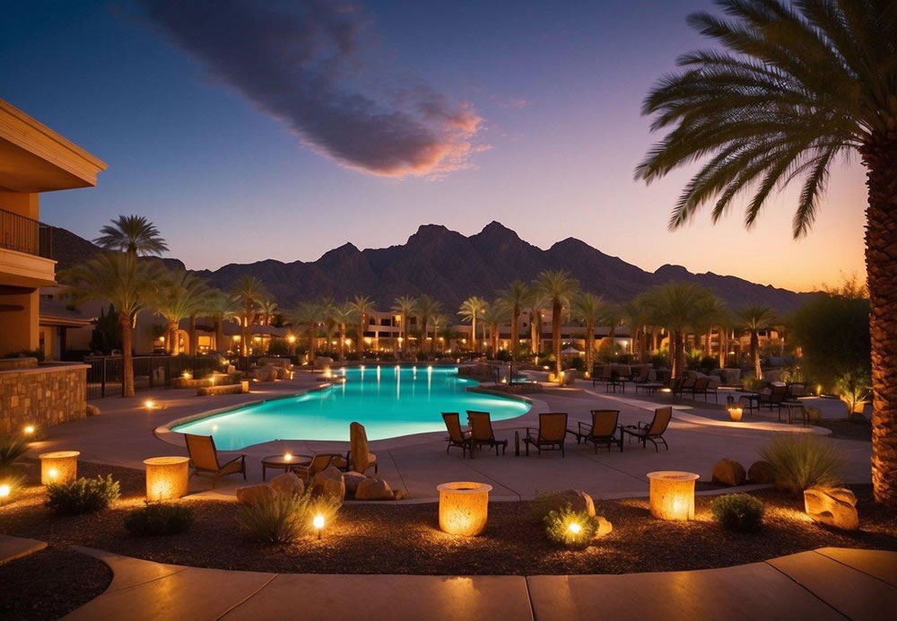 The sun sets behind the majestic mountains as the luxurious resort hotels in Phoenix glow with warm lights, inviting guests to enjoy the perfect weather of 2024