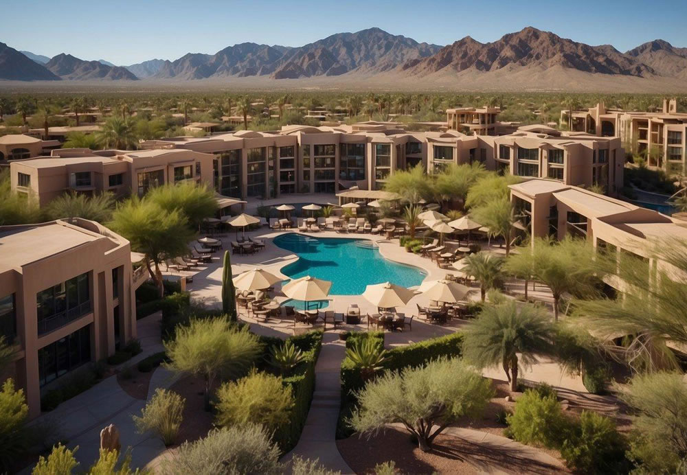 Aerial view of 10 luxury resort hotels in Phoenix, set against a backdrop of desert mountains and lush greenery, with elegant architecture and sparkling pools