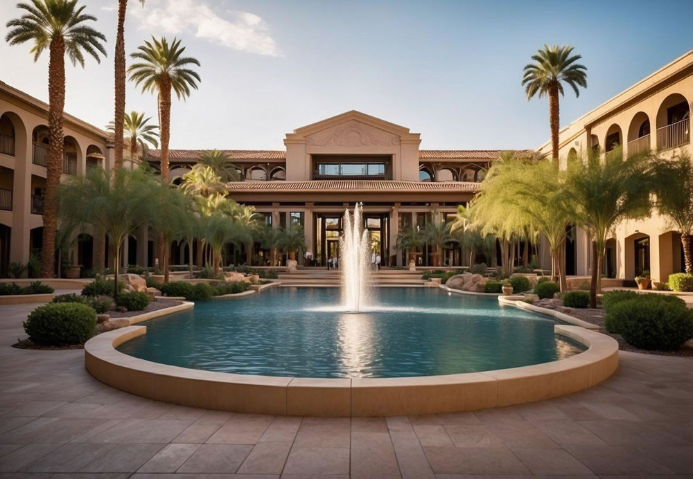 Guests admire the grand entrance of a luxurious resort in Phoenix, surrounded by lush landscaping and a sparkling fountain