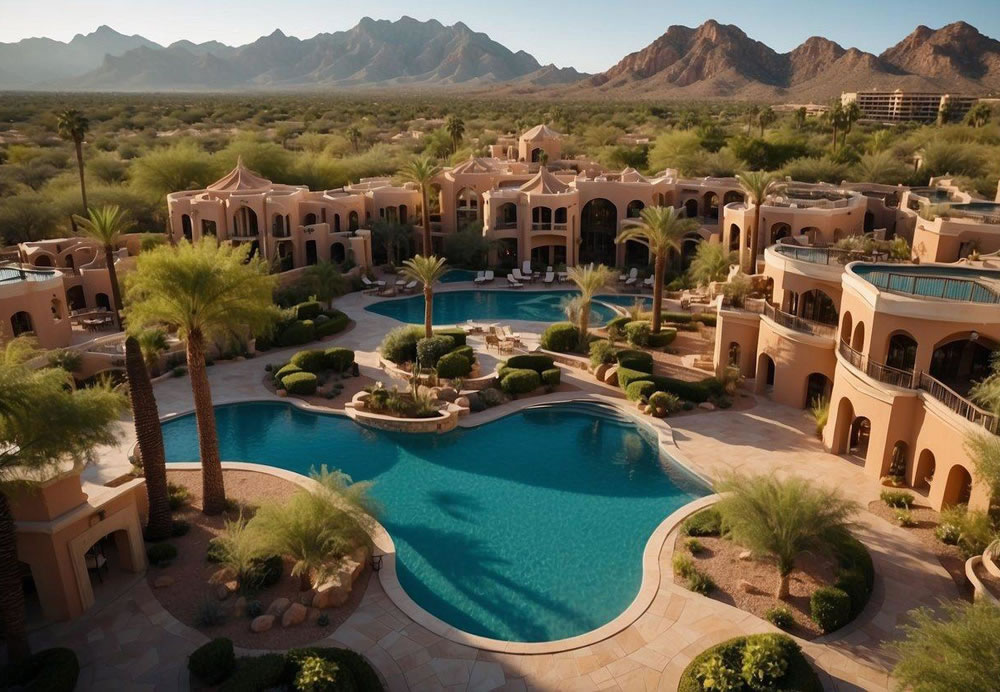 A grand resort nestled in the Sonoran Desert, with lush greenery, elegant architecture, and a sparkling pool overlooking the mountains