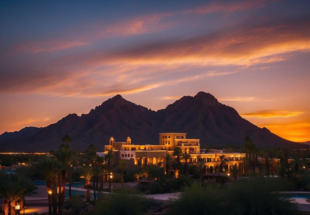 The sun sets behind the iconic silhouette of Camelback Mountain, casting a warm glow over the luxurious Sanctuary resort and spa. Palm trees sway gently in the evening breeze, framing the elegant architecture of the top-rated Phoenix hotel