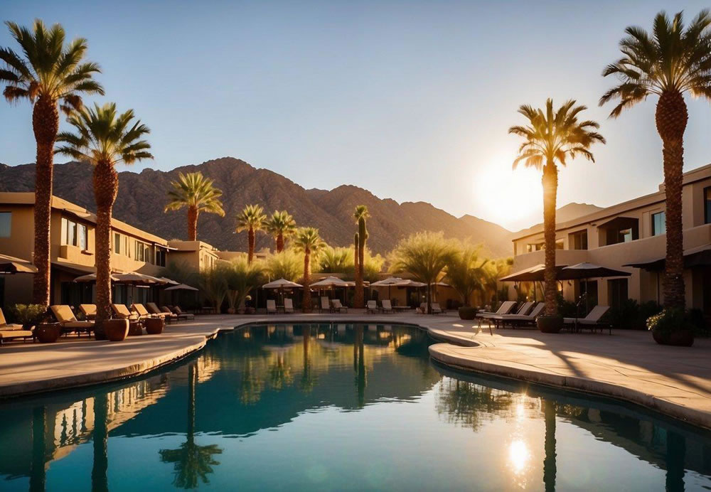 The sun sets behind the majestic mountains, casting long shadows over the luxurious resort in Scottsdale. The palm trees sway gently in the warm breeze, while the sparkling pool reflects the vibrant colors of the desert sky