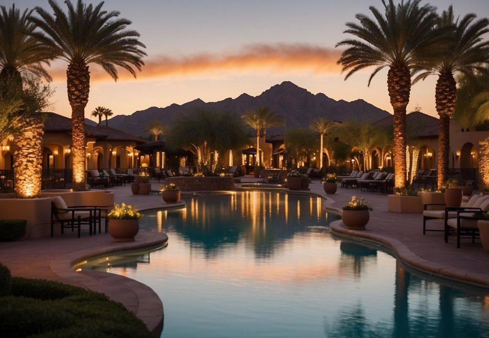 The sun sets behind the majestic Omni Scottsdale Resort & Spa at Montelucia, casting a warm glow over the luxurious grounds and inviting pools