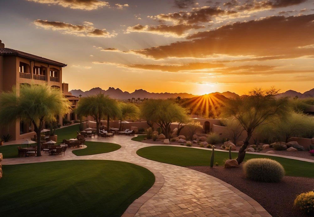 The sun sets behind the JW Marriott Scottsdale Camelback Inn Resort & Spa, casting a warm glow over the luxurious hotel grounds and surrounding desert landscape