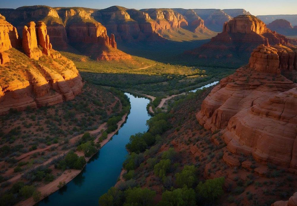 Vibrant red rock formations tower over lush green landscapes. A winding river cuts through the valley, reflecting the warm glow of the setting sun. A variety of outdoor activities and cultural experiences await visitors in Sedona, Arizona