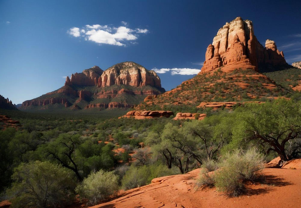 Vibrant red rock formations tower over lush green forests, while the winding Oak Creek creates a peaceful oasis in the desert landscape of Sedona, Arizona