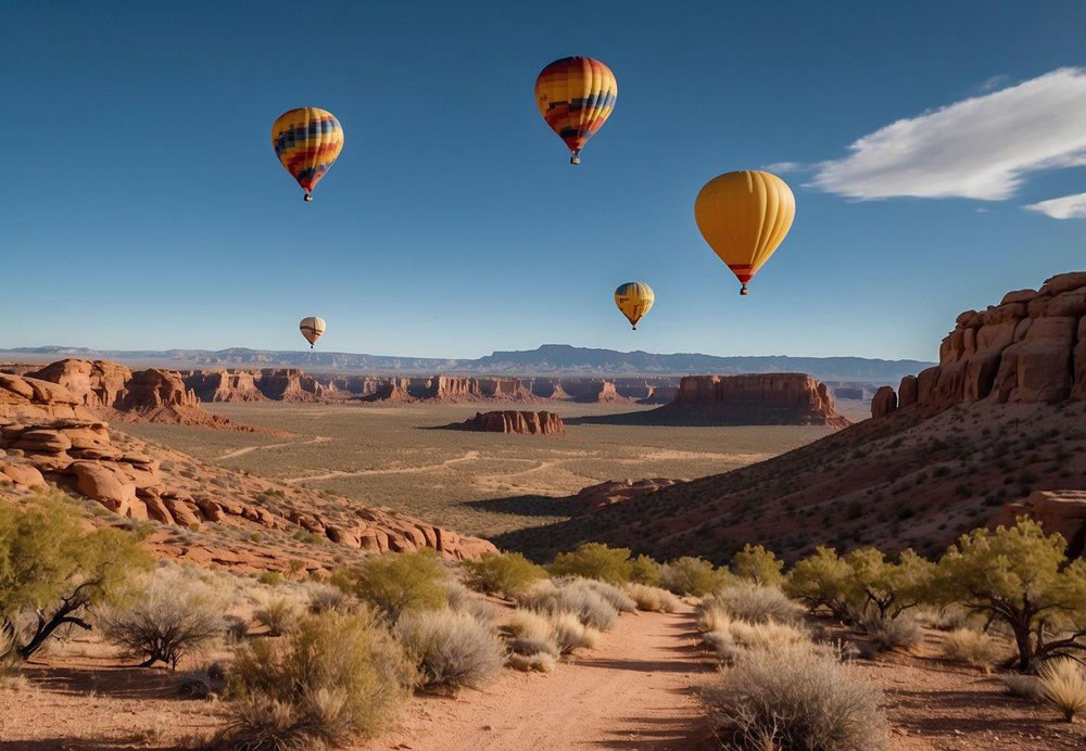 Hiking trails wind through red rock formations, while hot air balloons float above the desert landscape. Visitors explore ancient ruins and enjoy off-road jeep tours