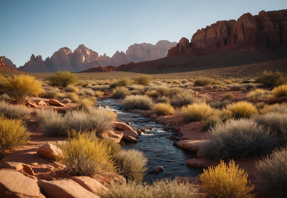 A serene desert landscape with red rock formations, flowing streams, and vibrant vegetation. A peaceful atmosphere with opportunities for hiking, meditation, and spa treatments