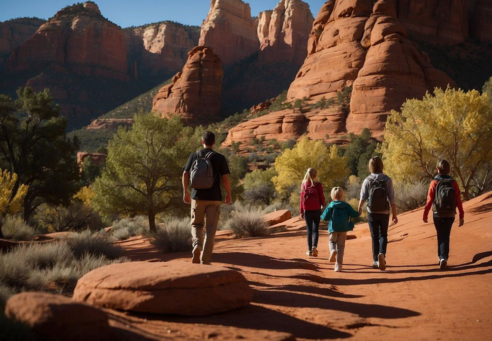 A family hikes through red rock formations, while others explore art galleries and enjoy outdoor dining in Sedona, Arizona