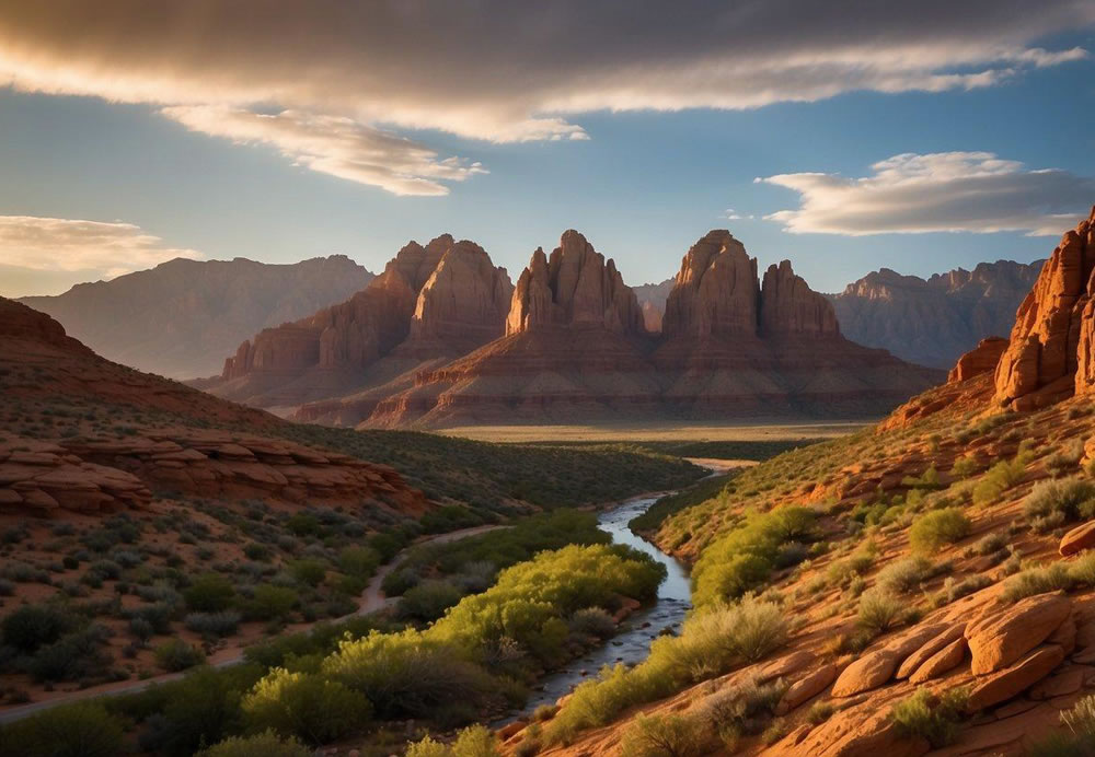 Vibrant red rock formations tower over lush green valleys. A winding river cuts through the landscape, leading to a charming downtown area filled with art galleries and shops. The sun sets behind the mountains, casting a warm glow over the picturesque scene